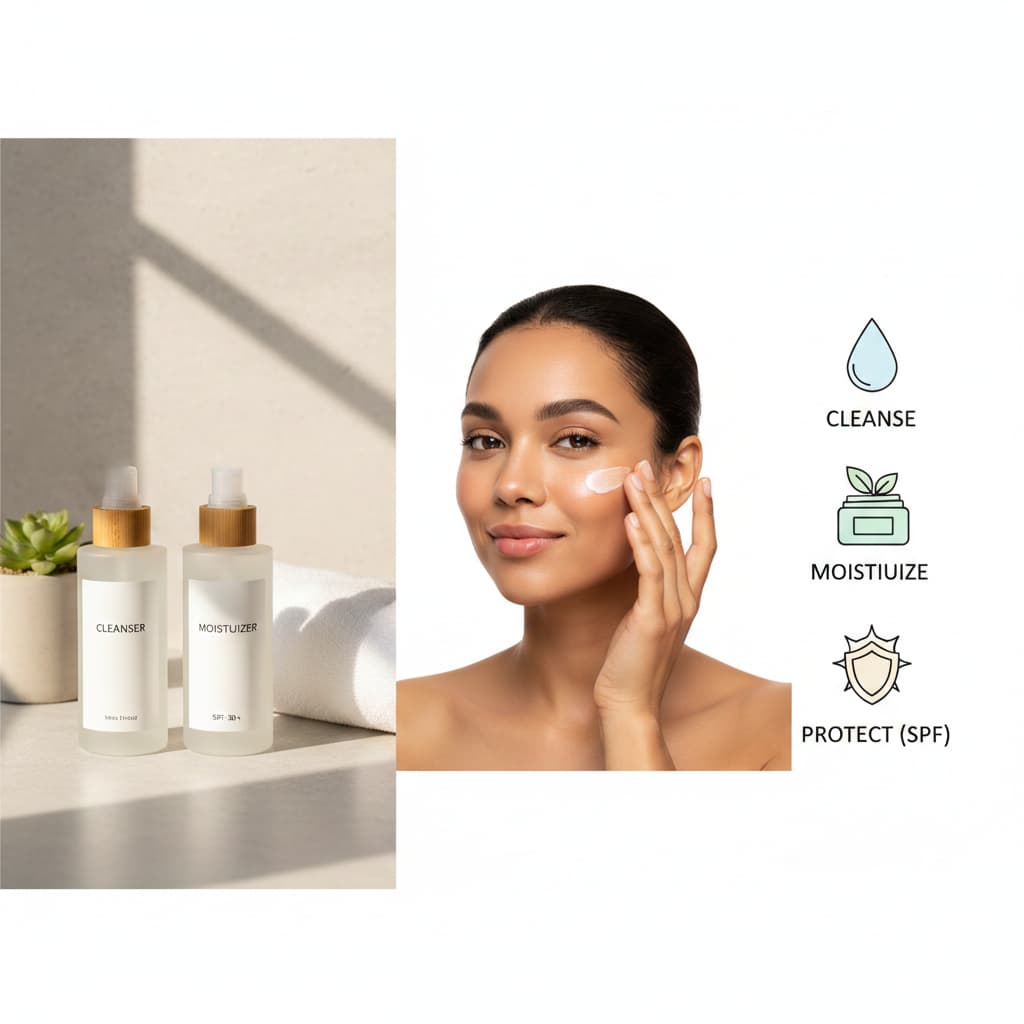 Woman with clear skin applying face cream