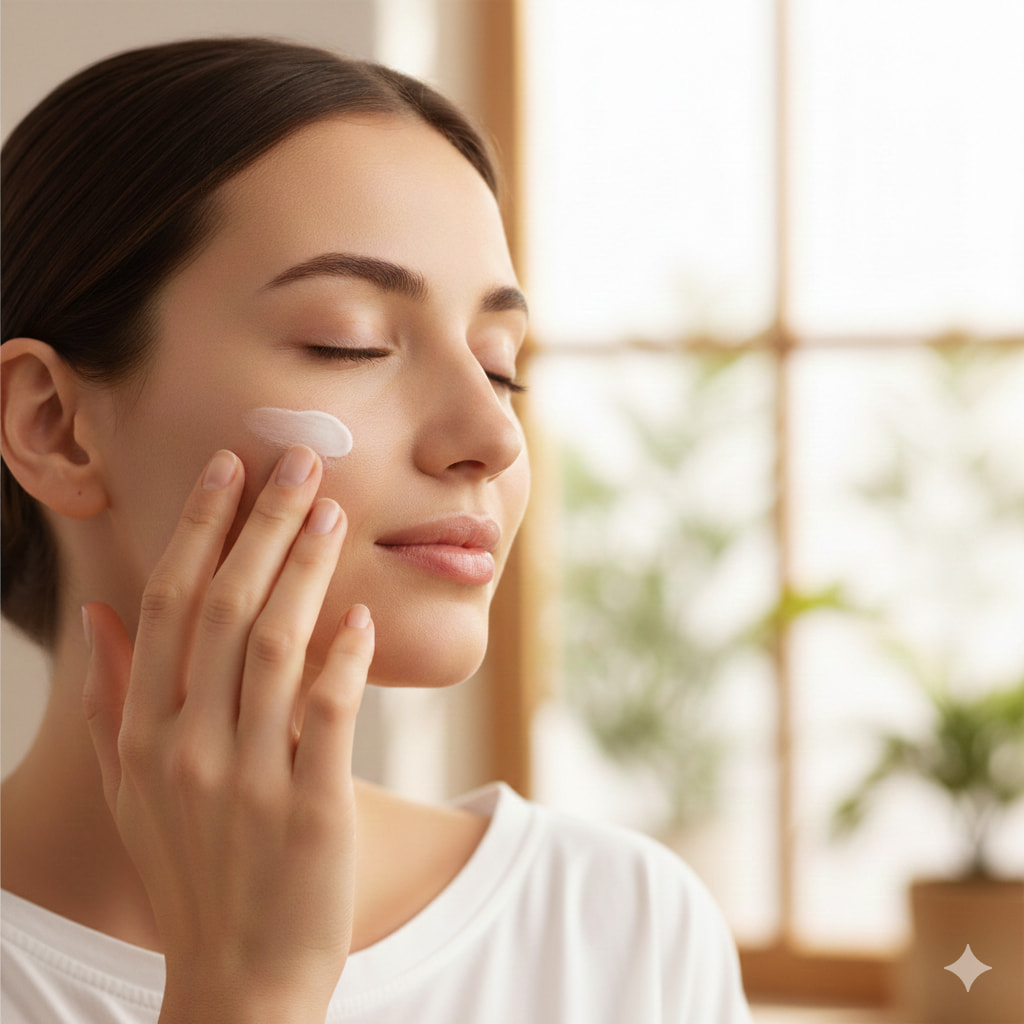 A woman with glowing, natural skin applying a small amount of sunscreen to her cheek.