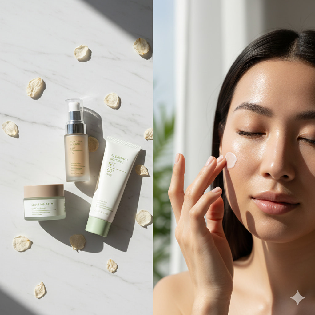 A clean flat-lay of a few essential beauty products like cleanser, moisturizer, and SPF on a bright white background.