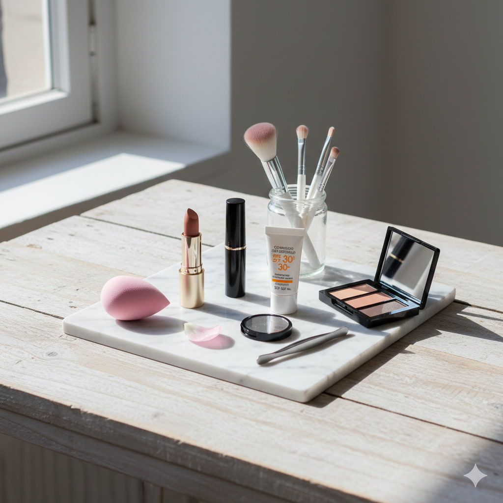 Basic makeup kit essentials like beauty blender, mascara, and lipstick on marble.