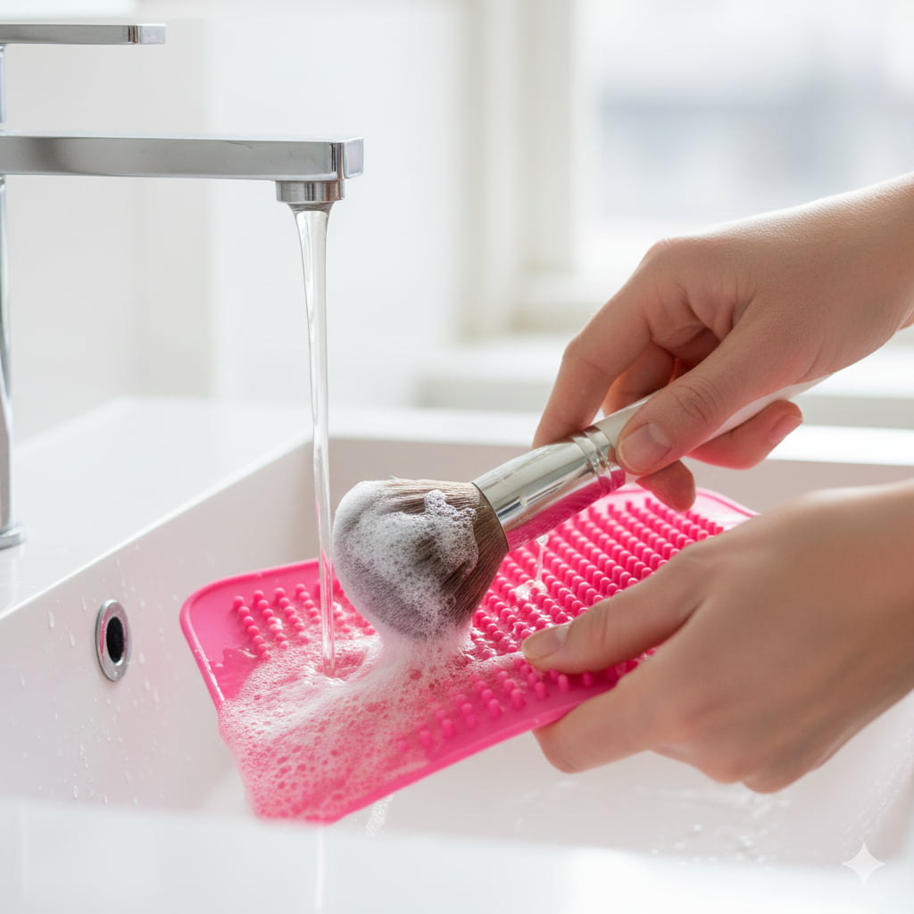 A close-up of hands washing a large makeup brush with soap suds on a pink silicone cleaning mat under a running water tap.