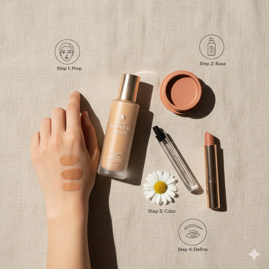 Flat lay of minimal makeup products including skin tint, cream blush, and lip balm with step-by-step icons.