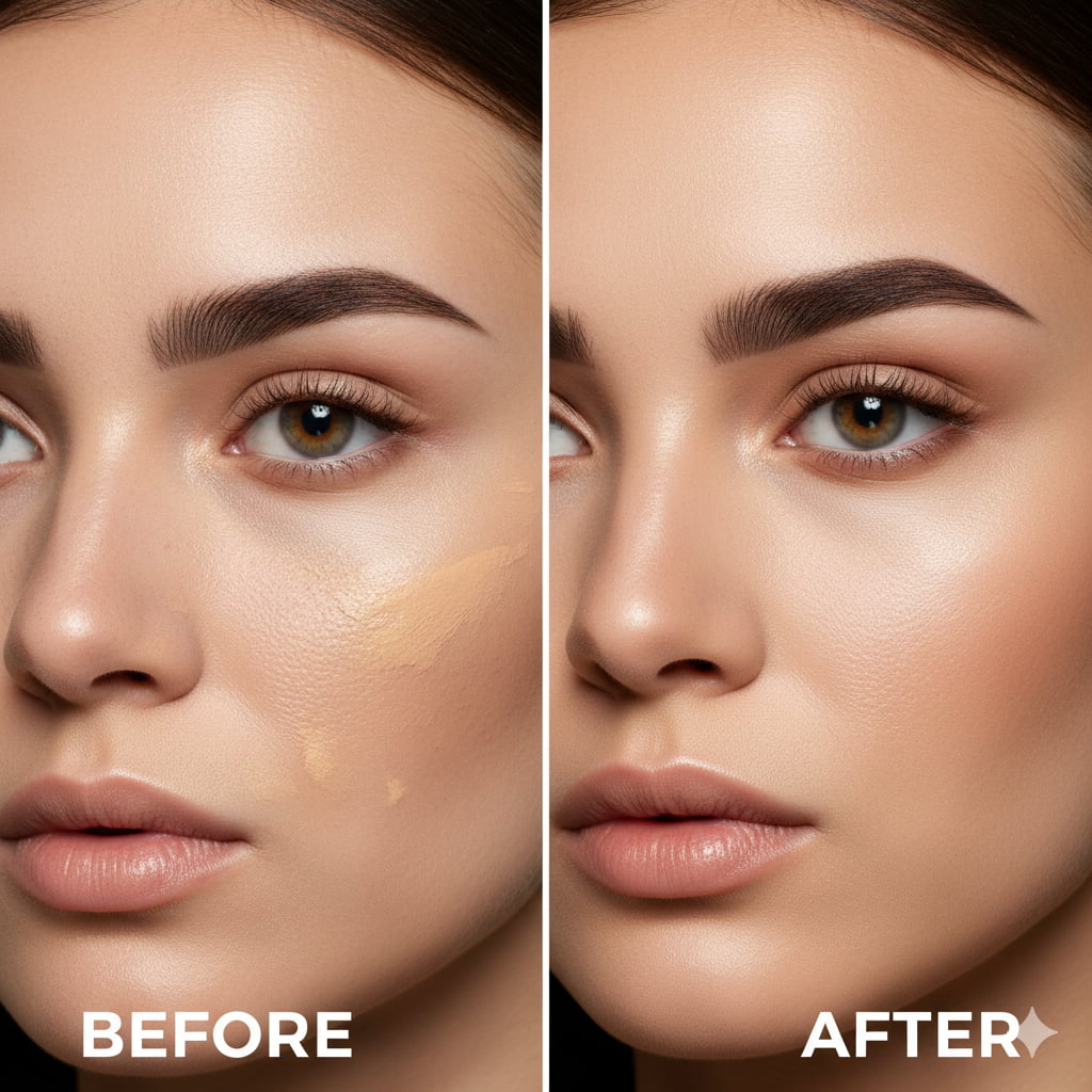 Comparison of cakey foundation versus smooth flawless makeup application on a woman's face