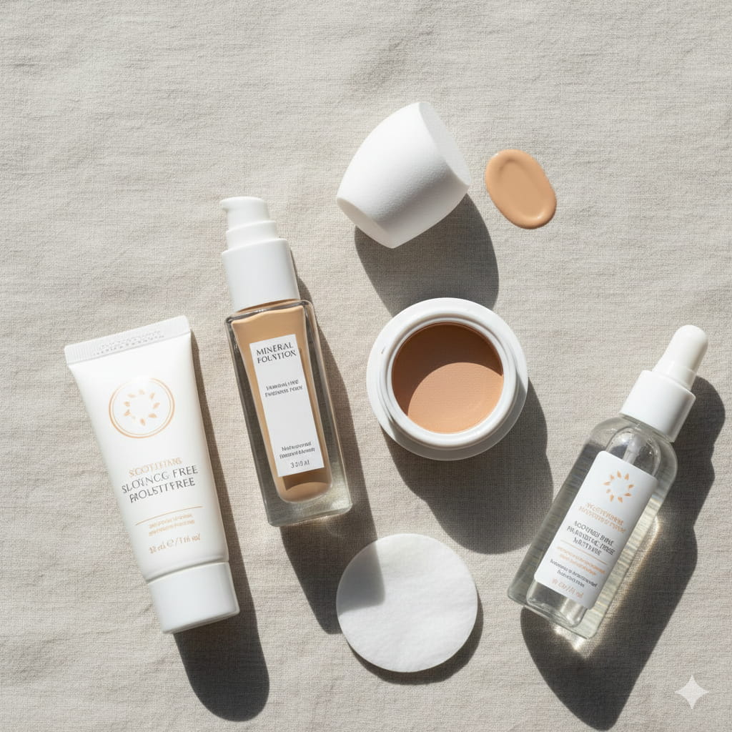 A flat lay of fragrance-free and mineral-based makeup products for sensitive skin on a clean background.