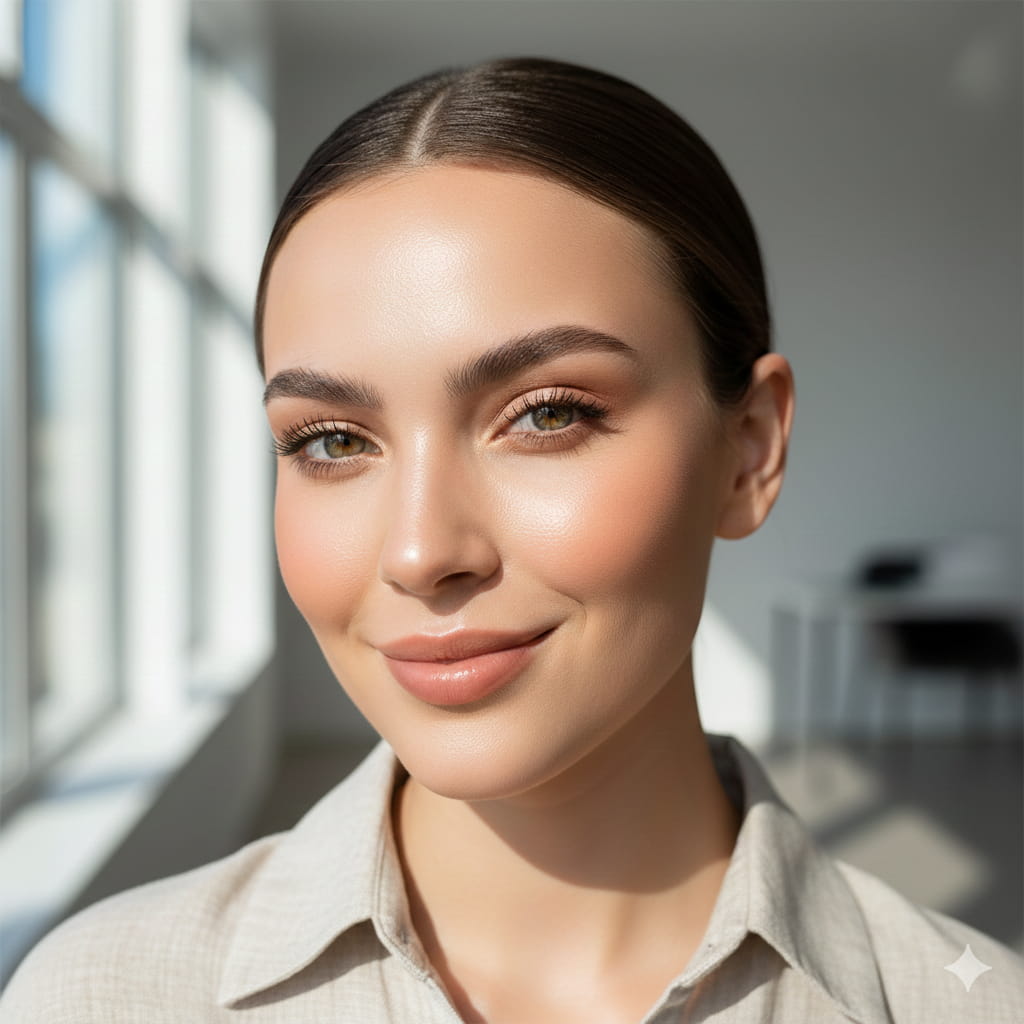 A woman with fresh, dewy skin and natural-looking makeup, wearing a light beige shirt, standing in bright window light.