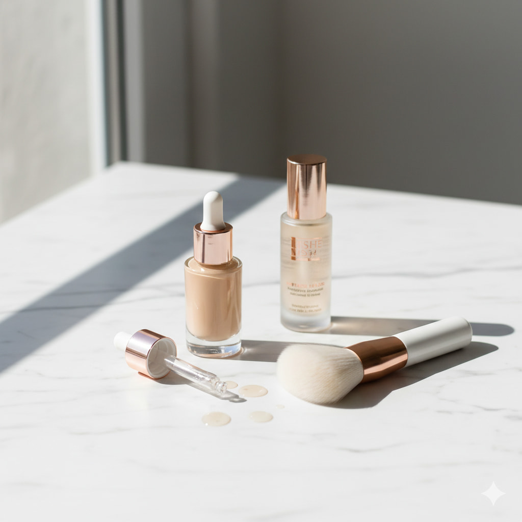 Flat lay of luxury foundation bottles and a makeup brush on a white marble background.