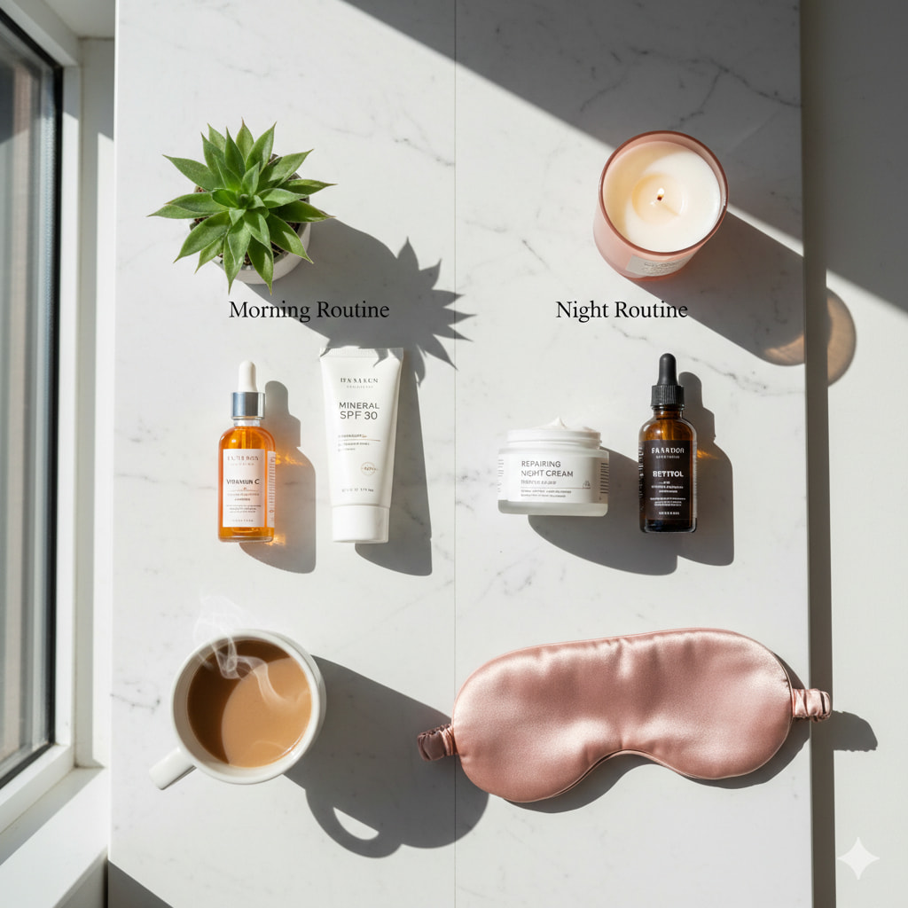 A high-quality flatlay of skincare bottles, a cup of coffee, and a scented candle on a white marble surface, labeled Morning and Night Routine.