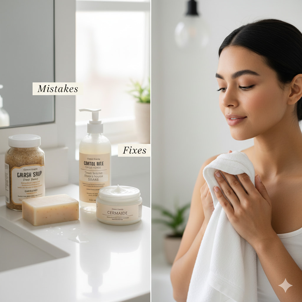 A woman in white t-shirt practicing gentle skincare next to harsh scrub and soap products