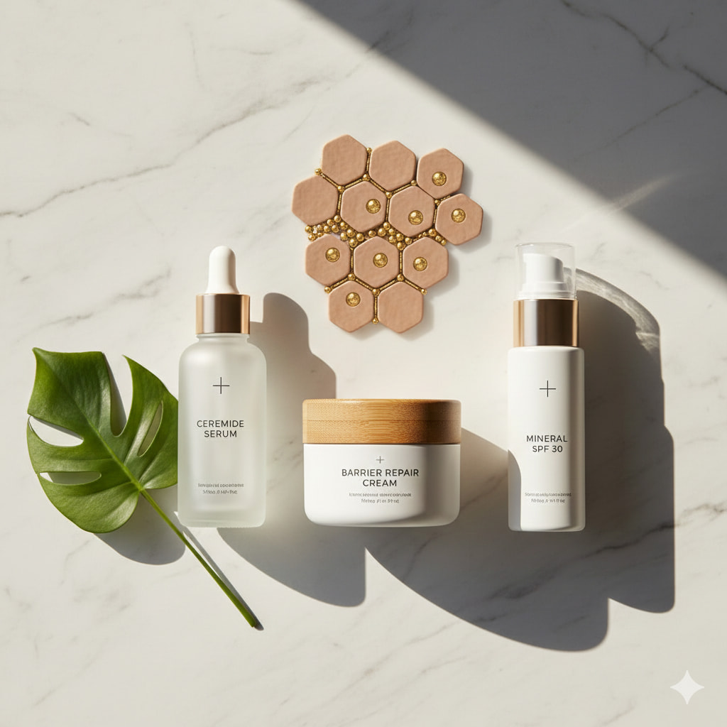 Aesthetic skincare bottles with a microscopic 3D render of ceramide lipids protecting skin cells on a marble surface.