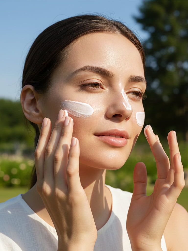 A young woman with glowing skin applying sunscreen to her face outdoors in soft natural sunlight.