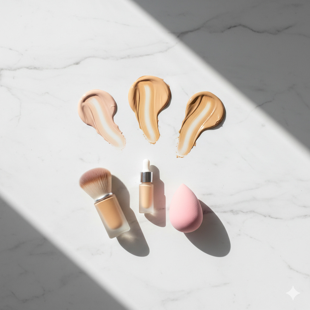 Liquid foundation swatches on a marble surface with a makeup sponge, brush, and dropper for professional application.