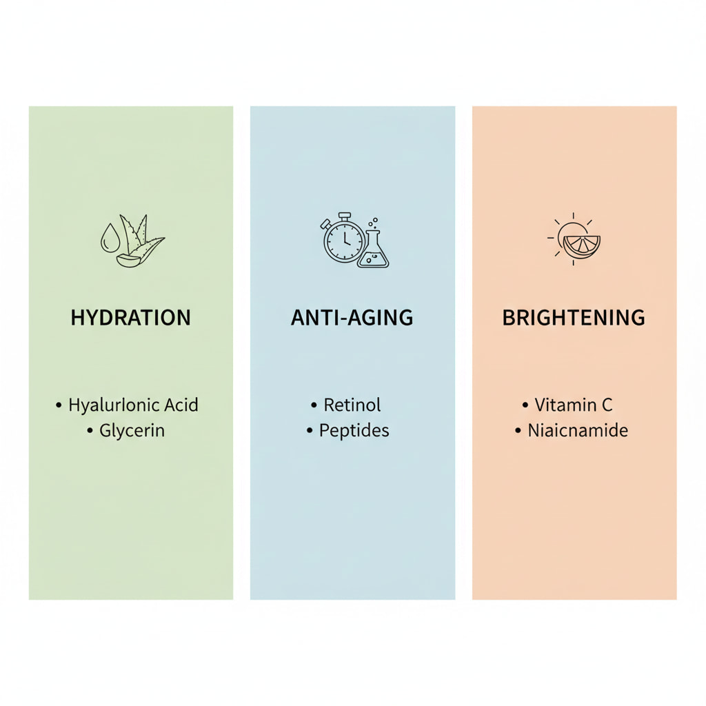 Skincare infographic showing categories for Hydration with Hyaluronic Acid, Anti-Aging with Retinol, and Brightening with Vitamin C.